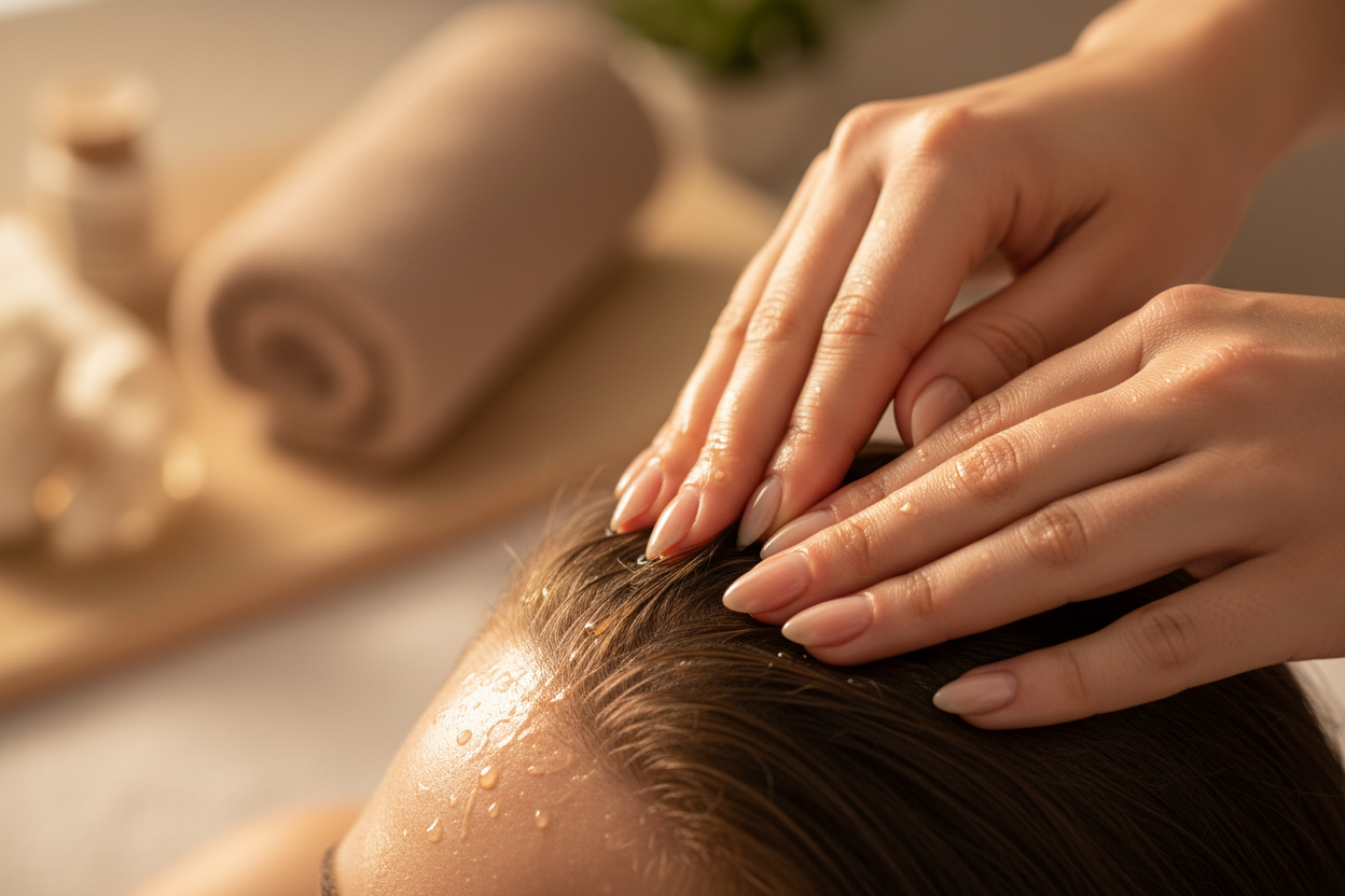 A close up image of oil elixir on scalp with hands rubbling it in. Make it look luxury with good lightly and elegant 