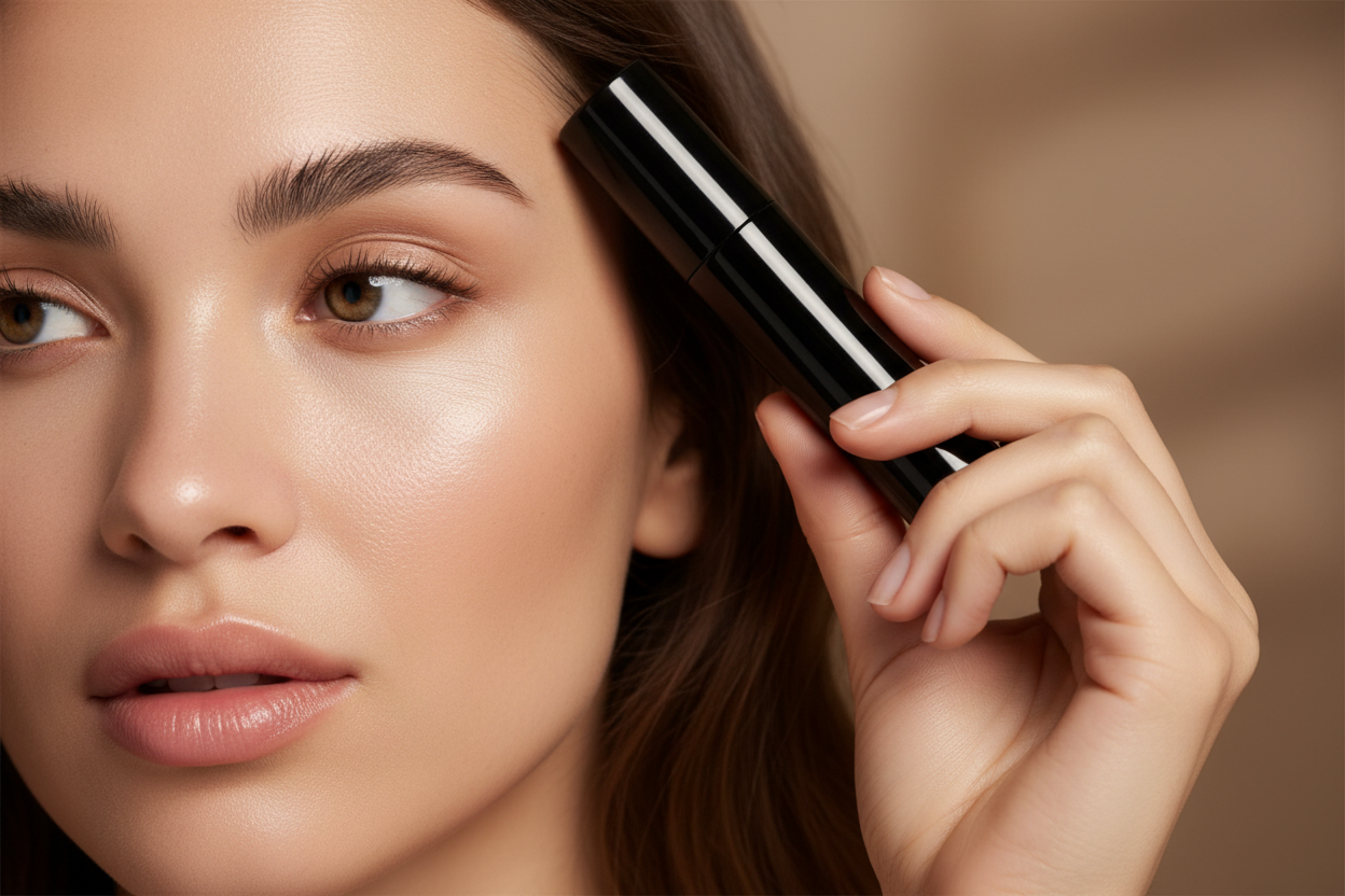 make an image of a woman with a beautiful face that is rolling a black roll-on bottle on her hairline/scalp area. Make sure not to show the steel roller ball at all. Make sure the bottle is covering the roller ball. Make it a close up image of her face that is barely showing her lips. Make the image look luxury and elegant. Make image wide rectangle. 