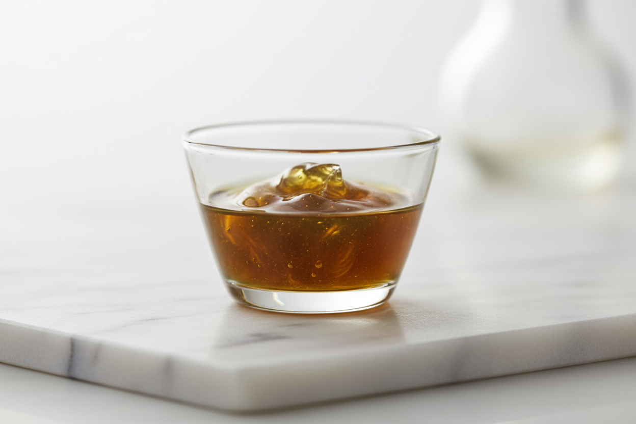 show me a luxury image of a CO2 Extract active in a small clear class bowl